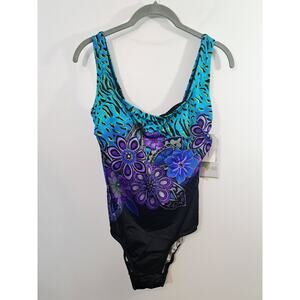 Studio Works Women's New! VTG ONEPIECE Swimsuit In Size 12 Blue Black Floral